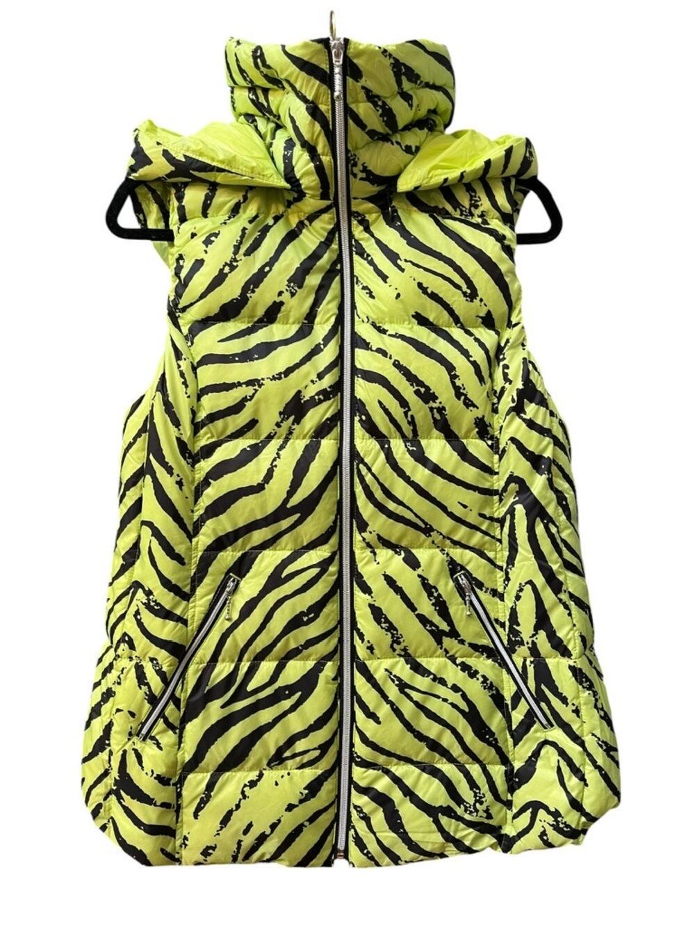 My Anorak Y2K Zebra Down Hooded Puffer Vest | Womens L, Lime Green Black NWT